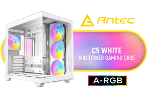 Antec C5 ARGB White, 7 x 120mm ARGB PWM Fans Included, Up to 10 Fans Simultaneously, Type-C 3.2 Gen 2 Port, Seamless Tempered Glass Front & Side Panels, 360mm Radiator Support, Mid-Tower ATX PC Case / 0-761345-10034-2