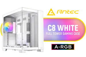 Antec C8 White, 2 x 160mm ARGB PWM Reverse fans + 1 x 140mm ARGB PWM Fan, RTX 40 Compatible, Dual-Chamber, tooless Design, Type-C, 360mm Radiator Support, Seamless Tempered Glass Front & Side Panels, High Airflow Full-Tower E-ATX PC Case / 0-761345-10028-1
