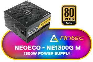 ANTEC NeoECO - NE1300G M ATX3.0 - 1300W Full Modular PSU - 80 Plus Gold Certified - PCIE 5.0 Support - PhaseWave Design - Japanese Caps - Zero RPM Manager - Silent 120mm Fan / 0-761345-11398-4