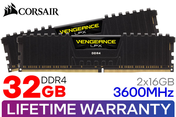 Corsair Vengeance LPX 32GB (2 X 16GB) DDR4 3600MHz (PC4-28800) C18  Desktop Memory Black CMK16GX4M1D3600C18-x2