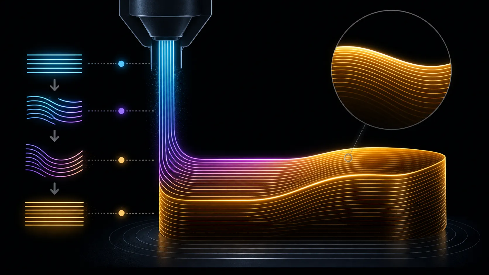 Abstract diagram of an even material flow building smooth curved layers