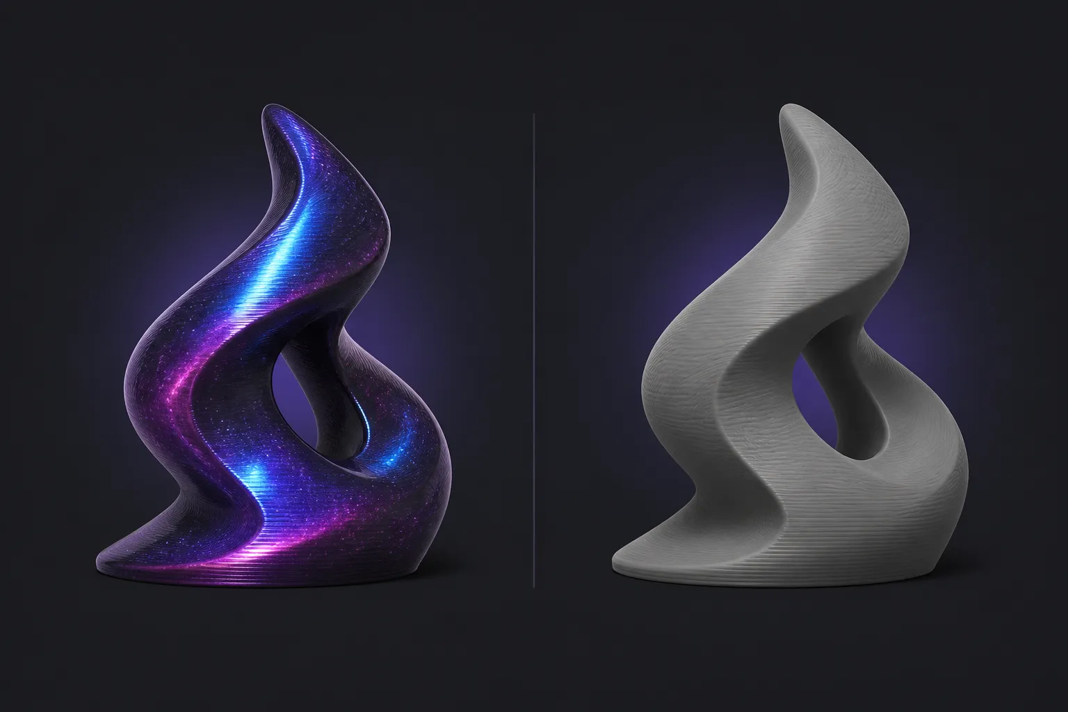 Abstract comparison of glossy galaxy and matte reflections across matching curved 3D printed forms