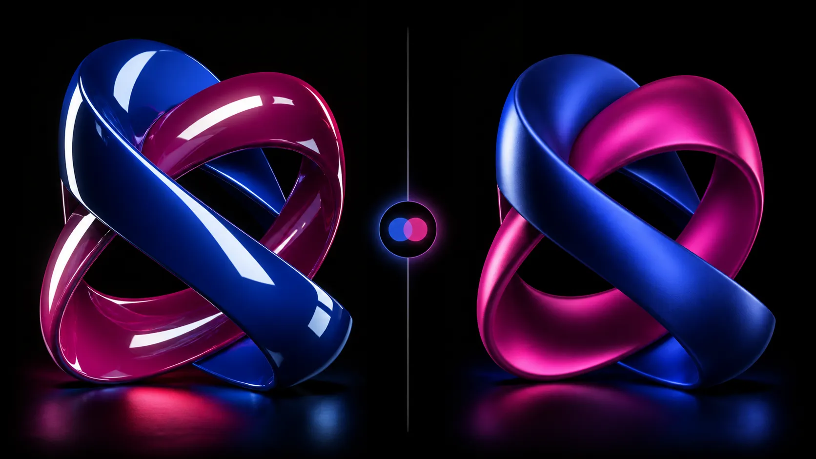 Abstract comparison of glossy and silky reflections across matching ribbon forms