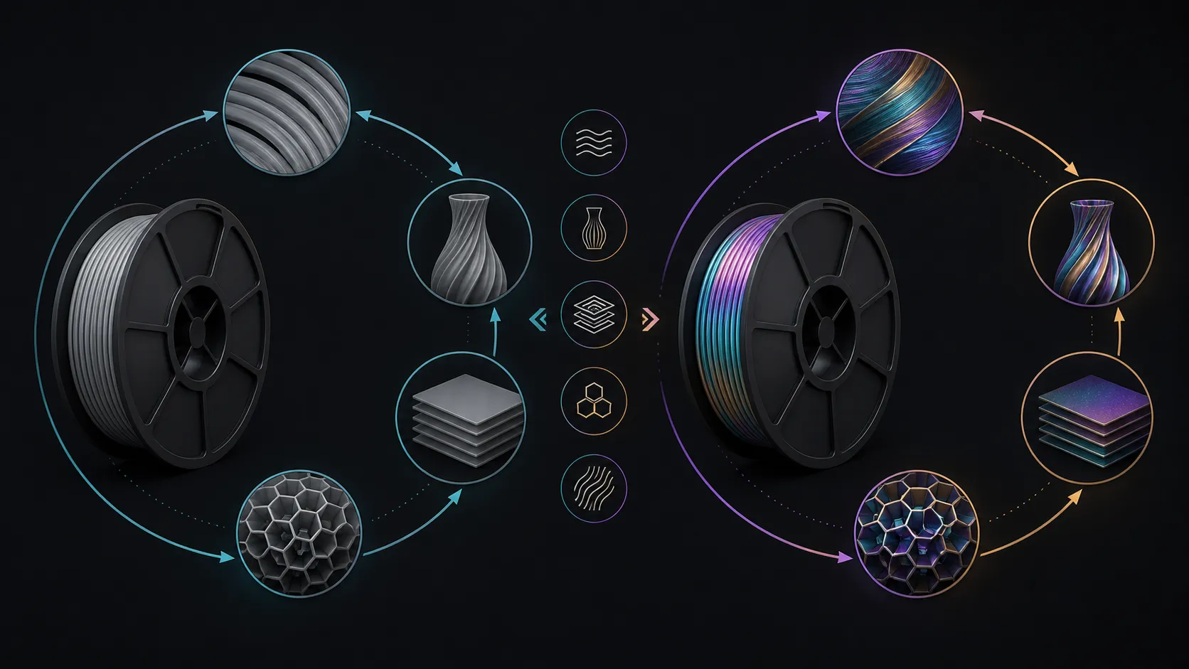 Abstract comparison of uniform and iridescent material paths in matching forms