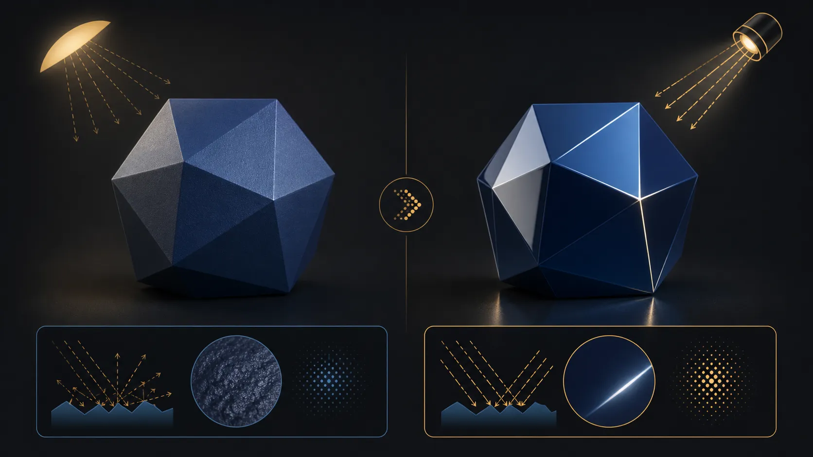 Abstract diagram of diffuse and crisp reflected light across one faceted form