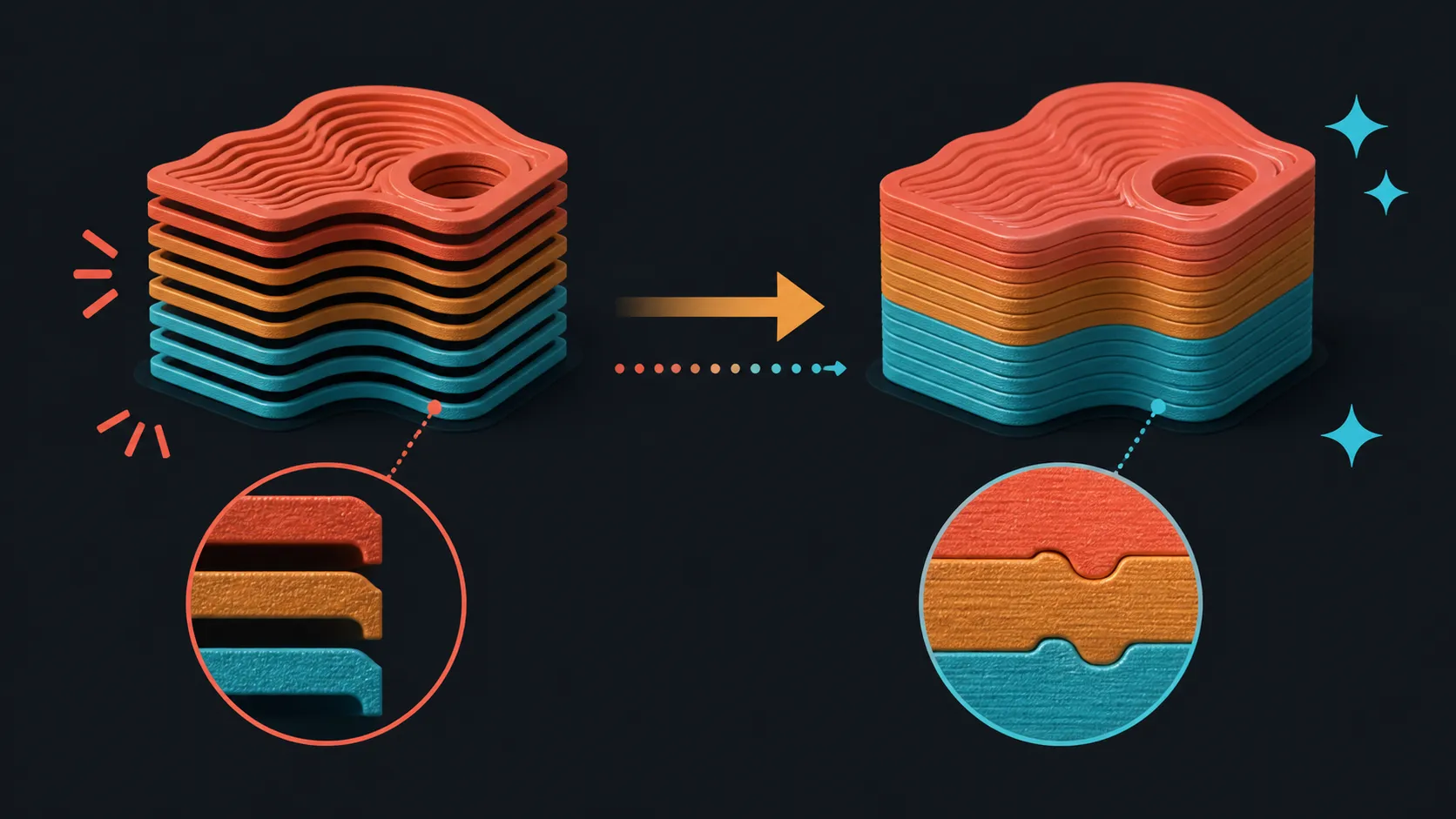 Abstract troubleshooting diagram comparing gapped and interlocking printed layers