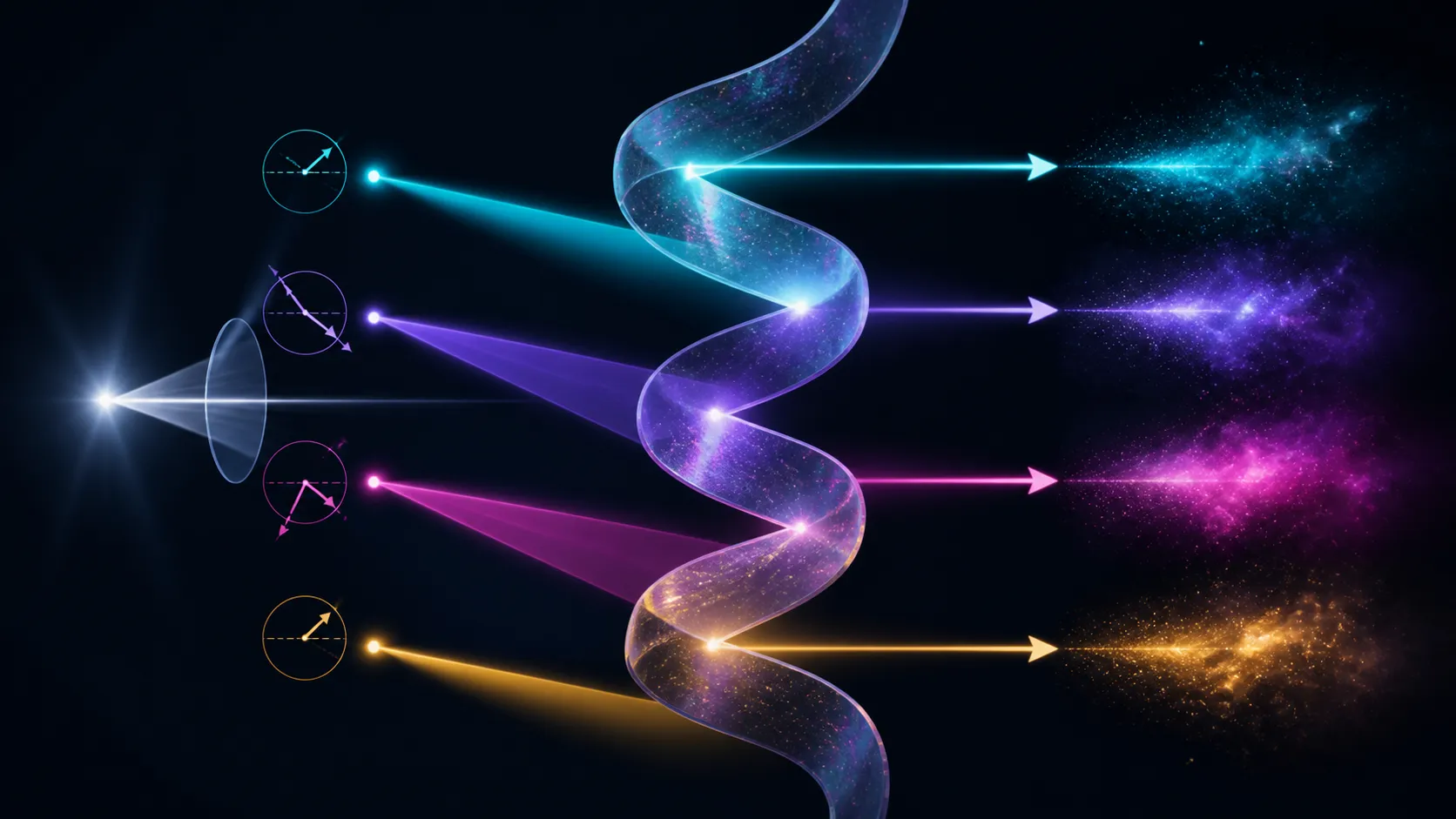 Abstract diagram of a twisting material ribbon changing colour under angled light