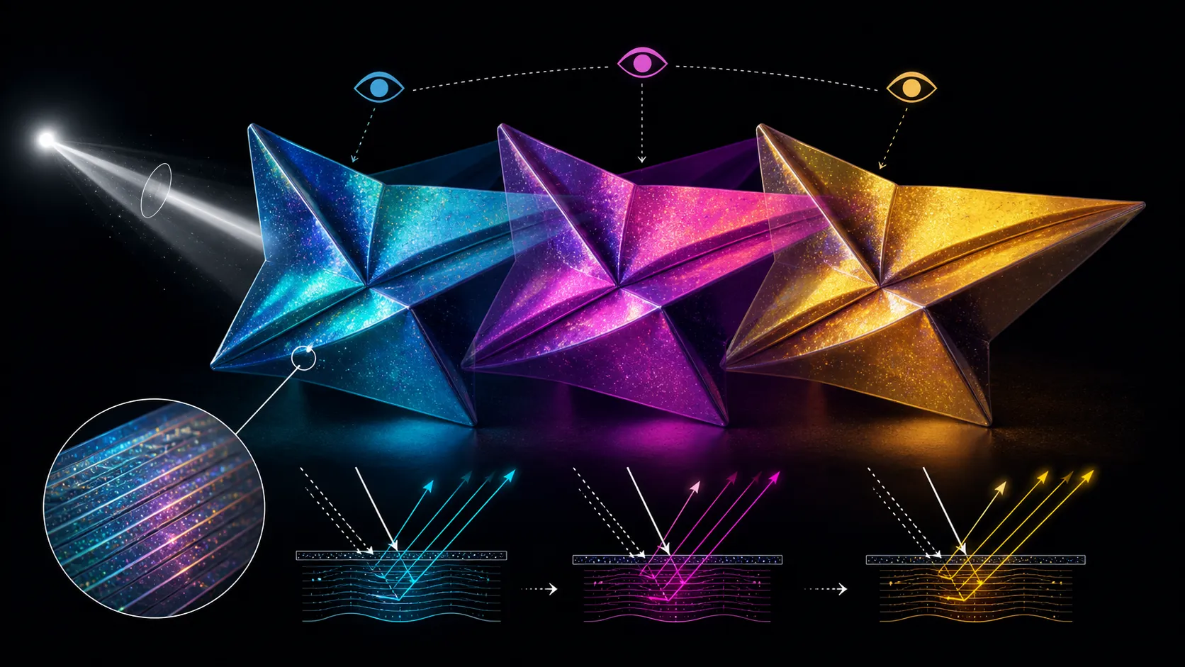 Abstract diagram of one prismatic surface shown at several reflective viewing angles