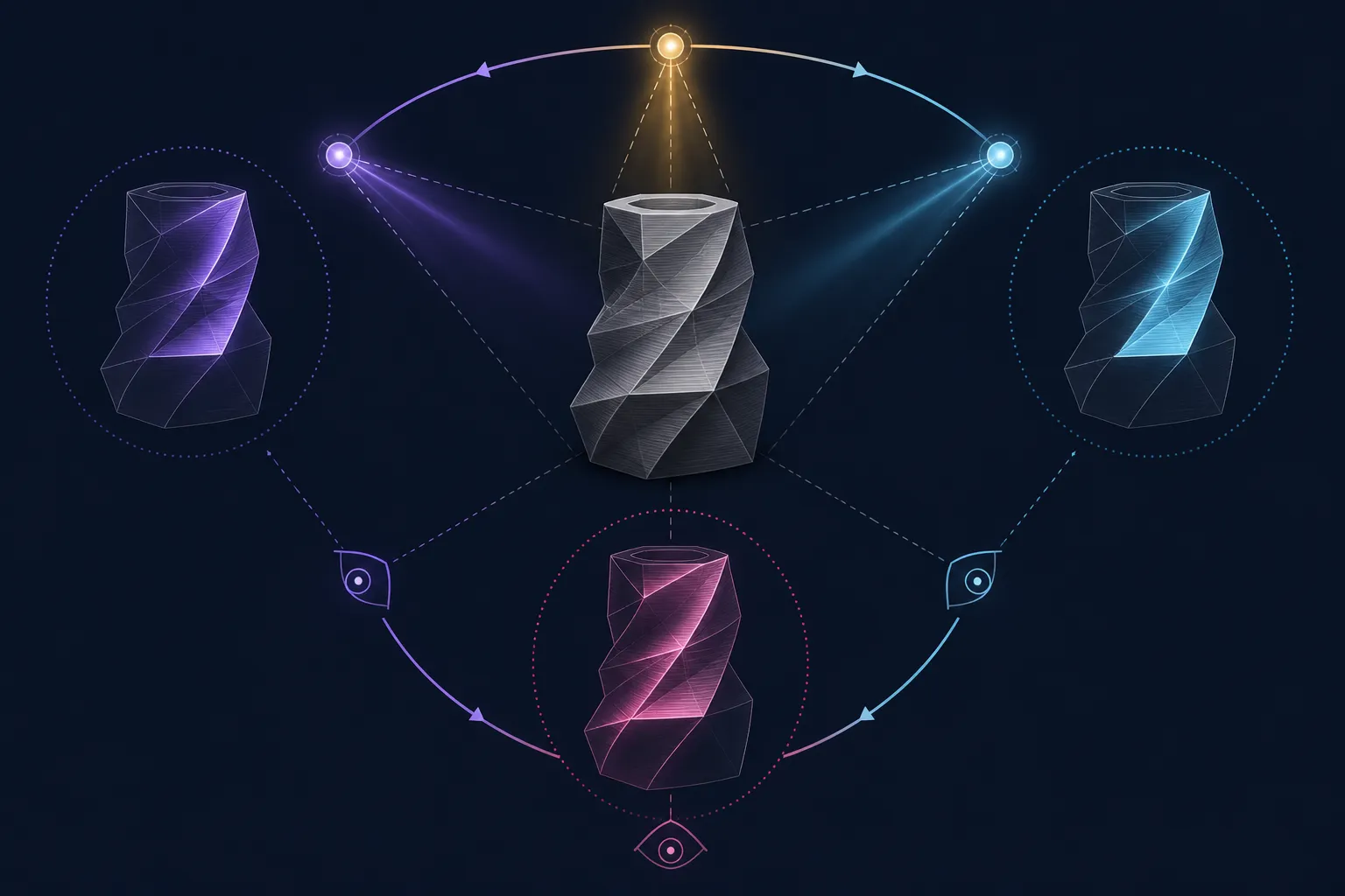 Editorial diagram showing light and viewing angles moving colour highlights across a faceted printed form