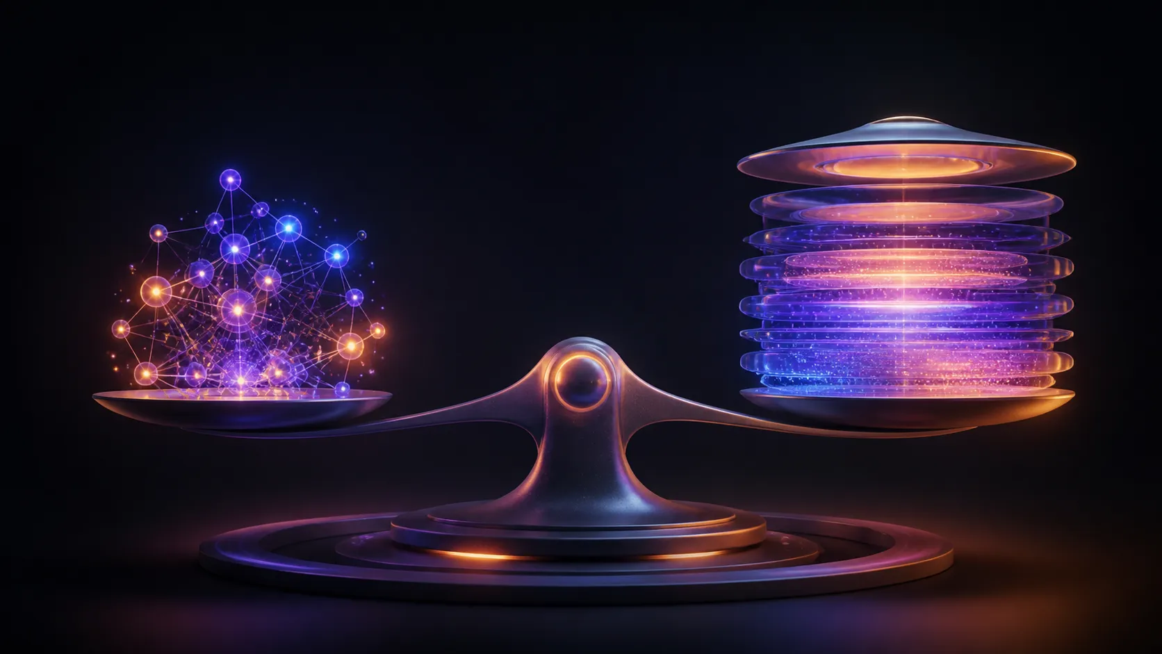 Abstract balanced diagram with a dense node constellation opposite a broad layered memory chamber