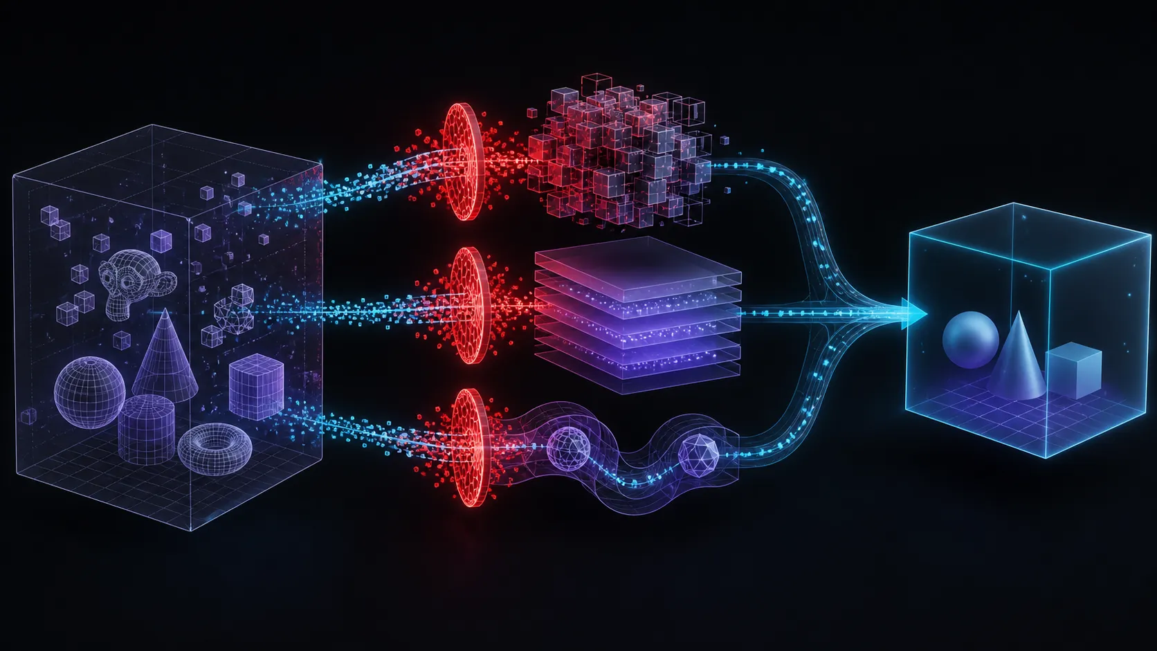 Abstract diagnostic flow showing a spatial scene passing through geometry, memory and preparation constraints