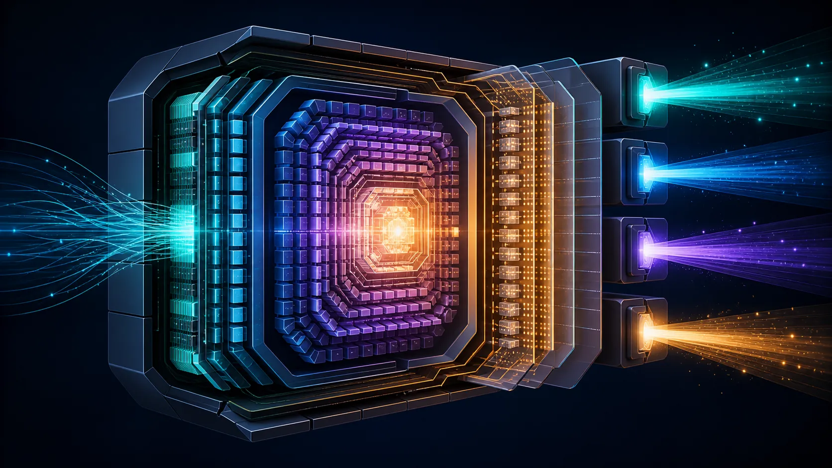 Abstract architecture cutaway with a central compute kernel, nested cells, memory envelope and four output beams