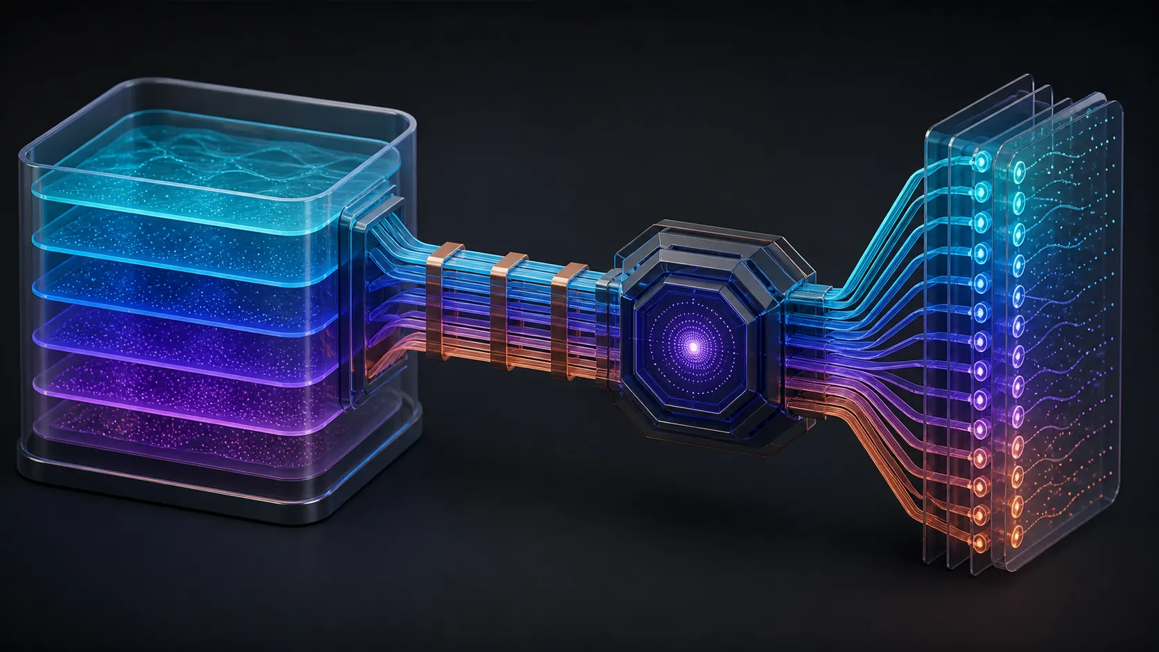 Abstract diagram with a layered memory chamber connected to a central core by a banded data pathway