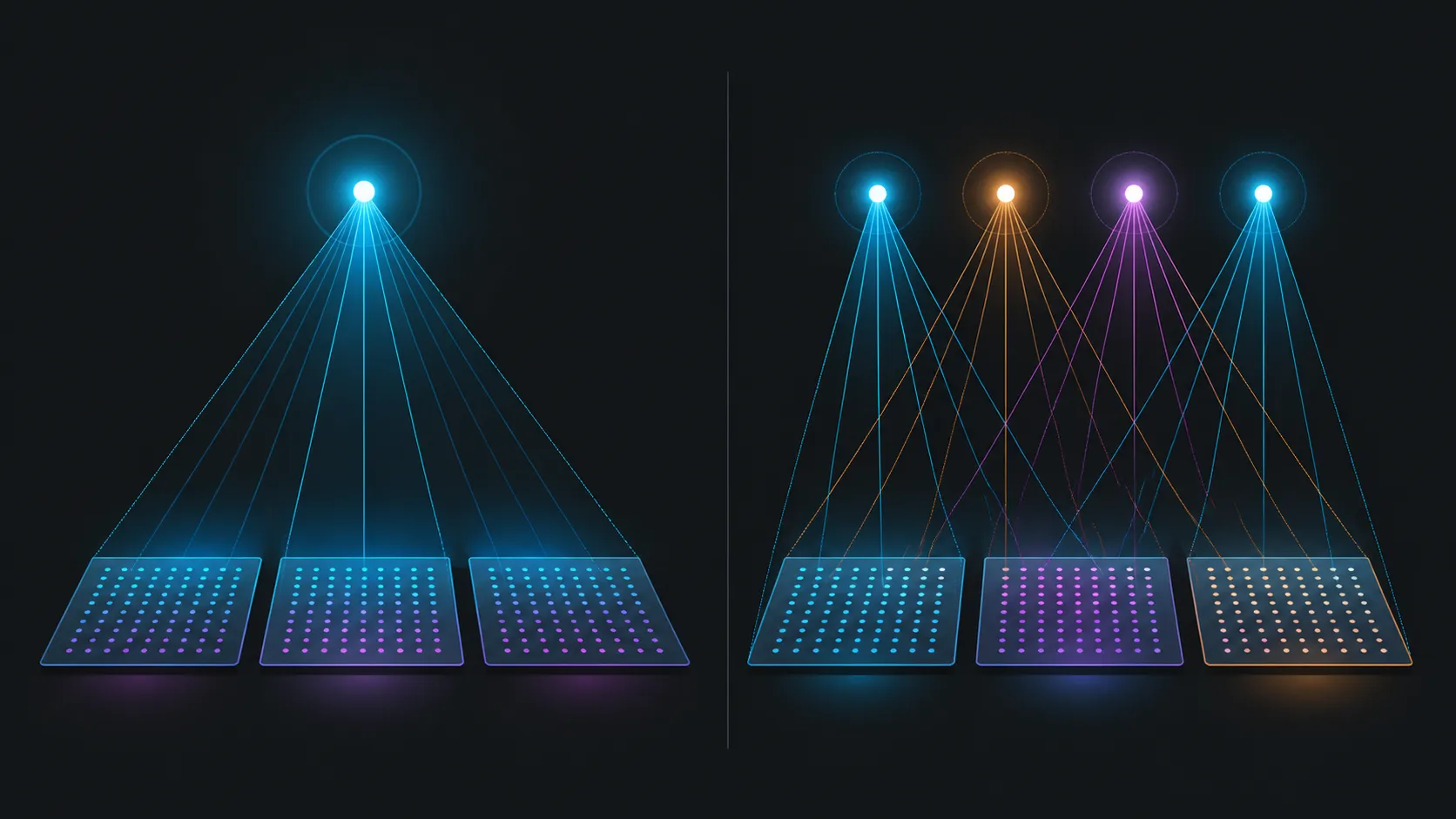 Side-by-side abstract comparison of one display source and a coordinated source cluster