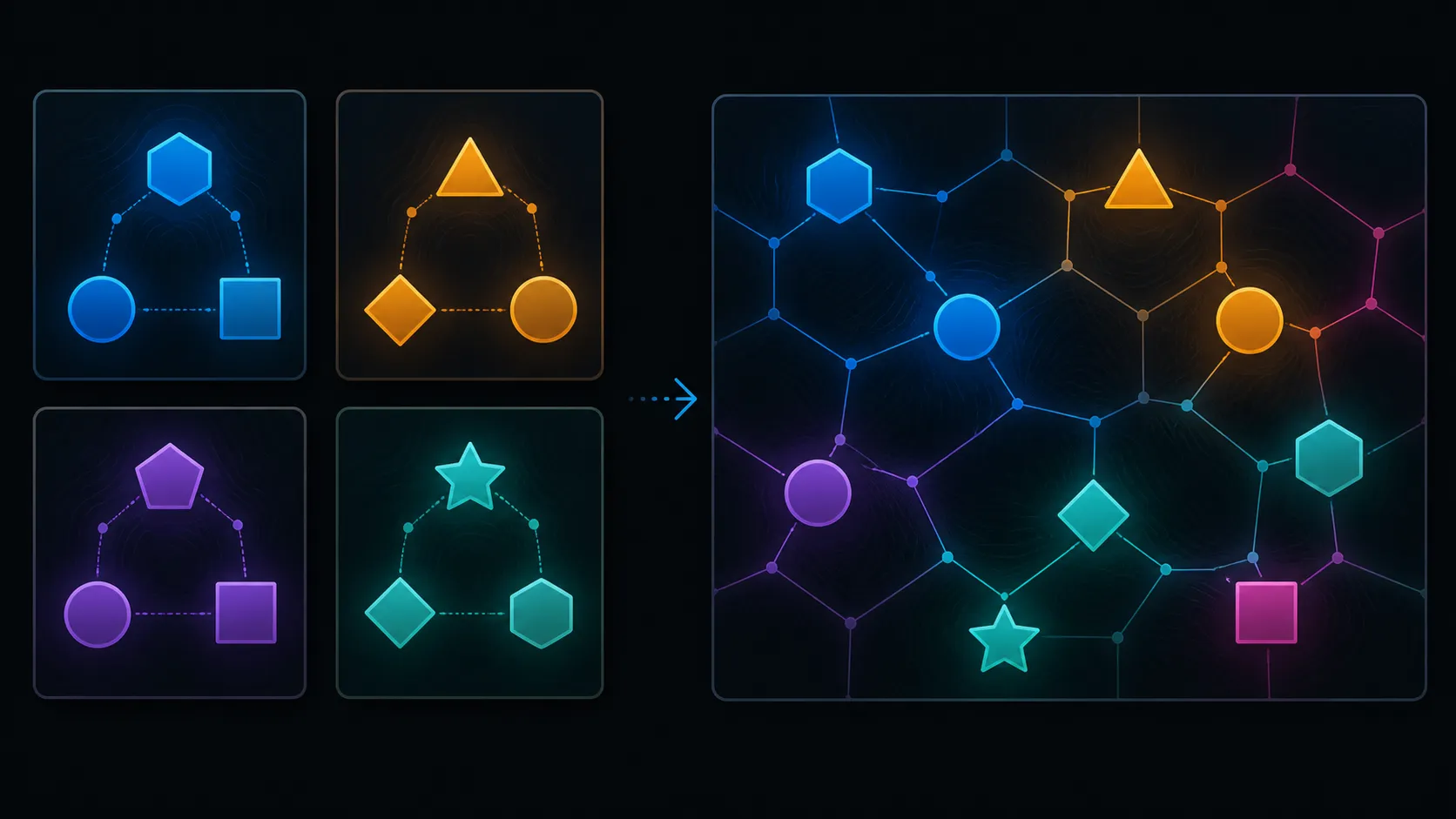 Side-by-side abstract comparison of a unified display field and separated panel regions