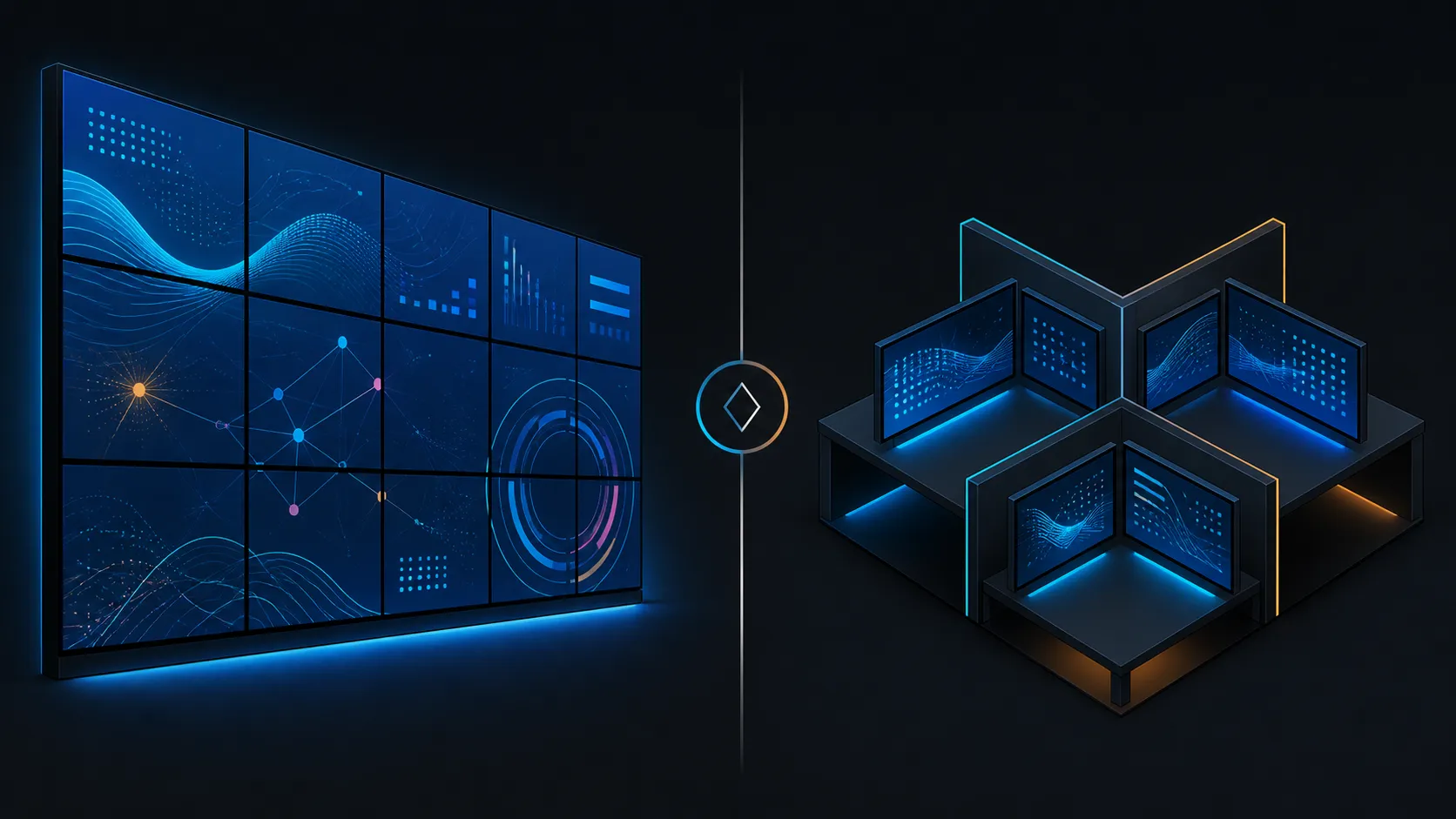 Side-by-side abstract comparison of a large tiled wall and a compact panel cluster