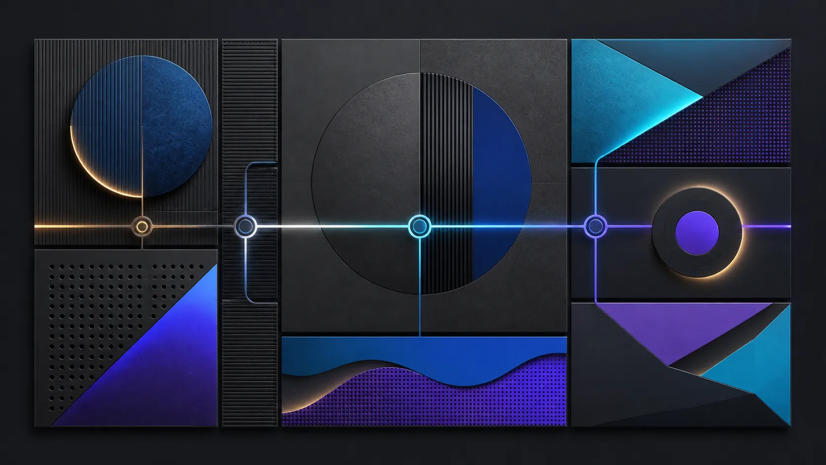 Abstract diagram of a central signal path feeding a modular digital signage wall