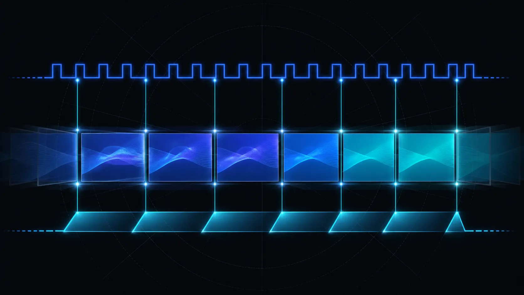 Abstract diagram of timing pulses aligning frames across multiple display panels