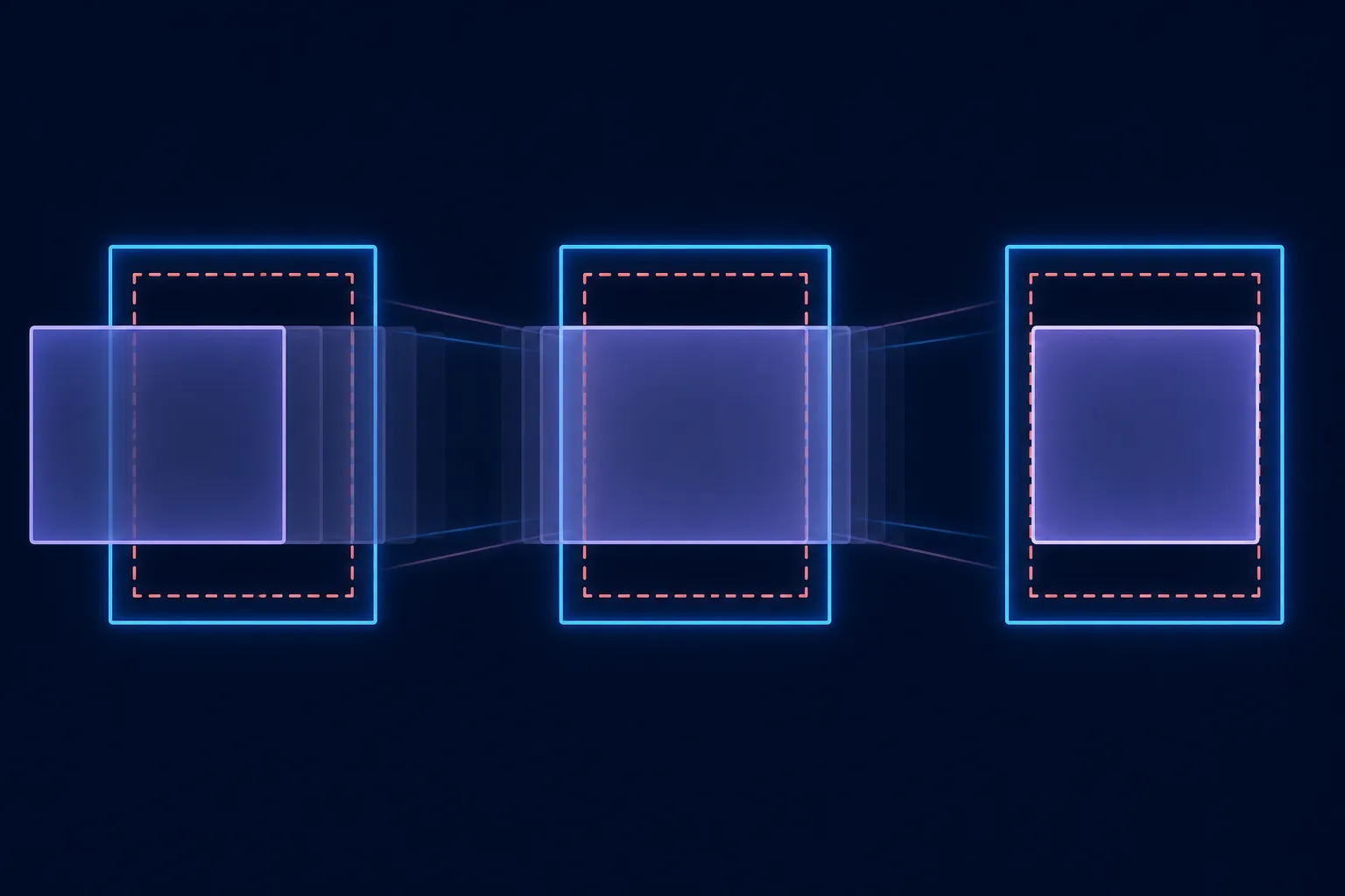Abstract diagram of a privacy screen moving from an offset position into a centred display frame