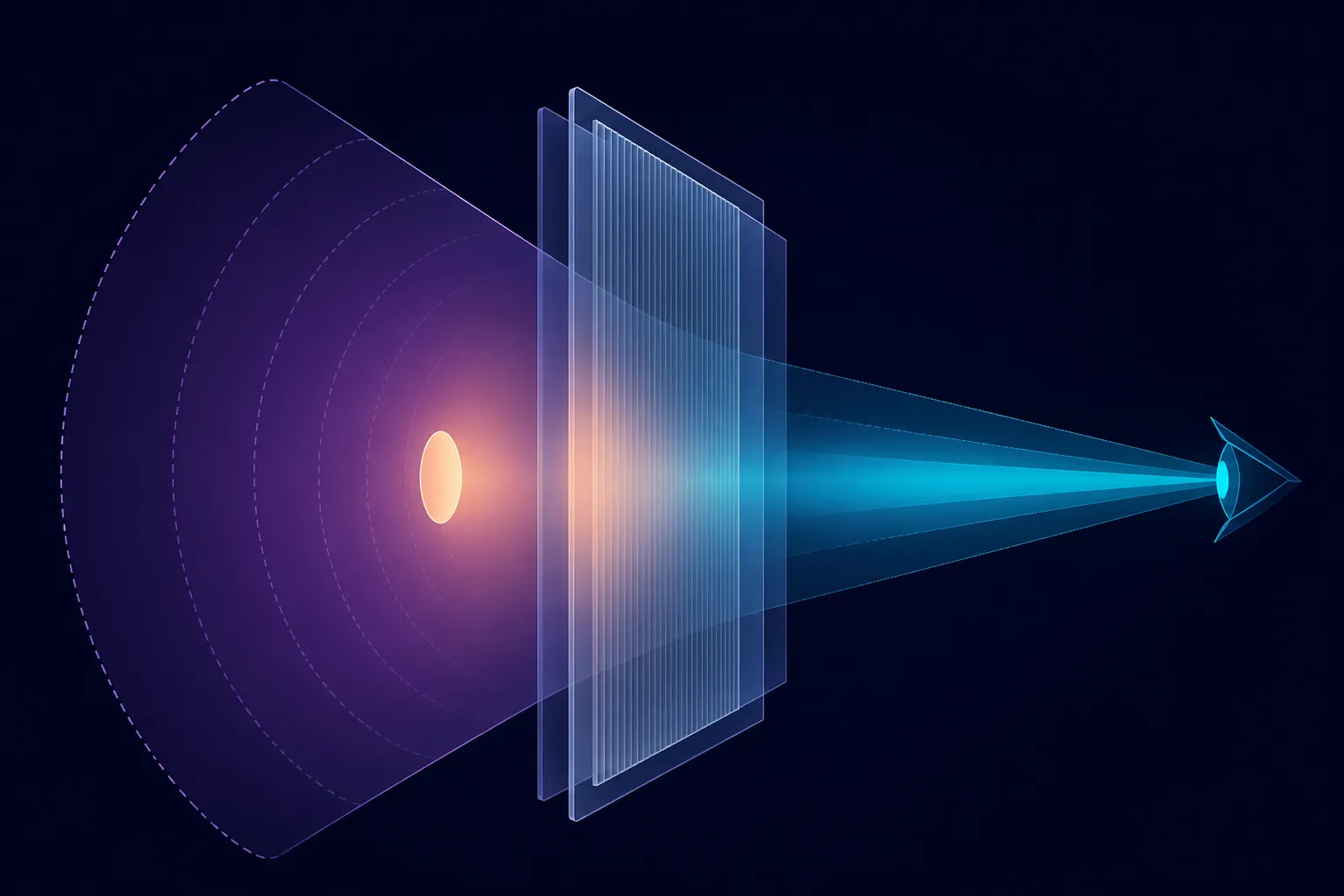 Abstract diagram showing a privacy layer narrowing side views and diffusing reflected light
