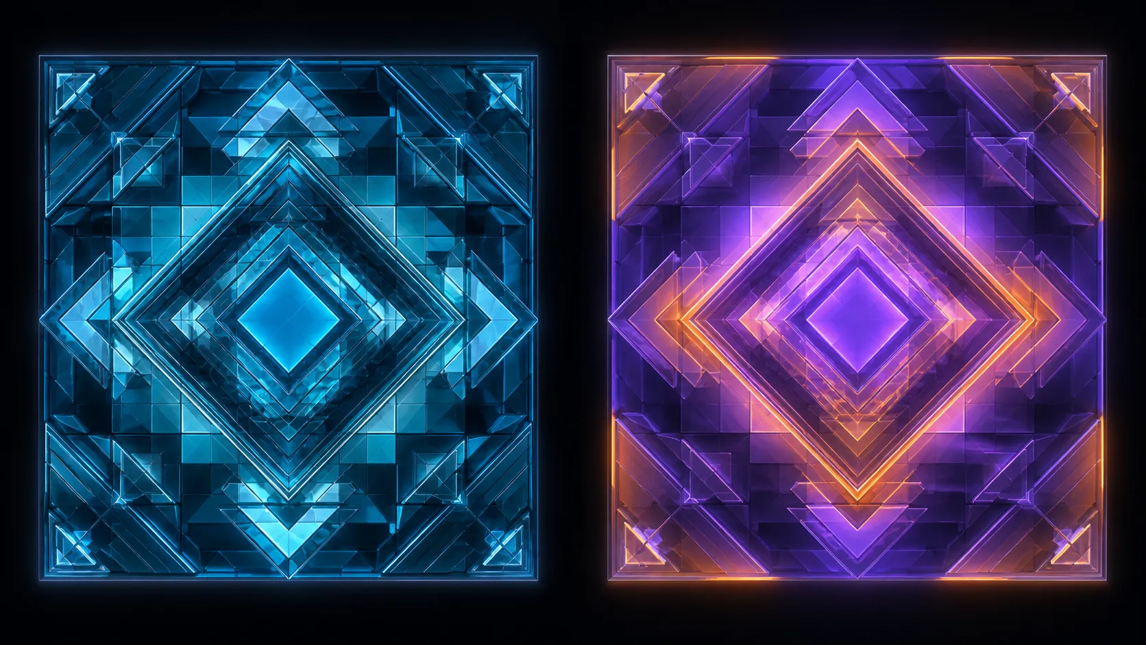 Abstract side-by-side comparison of a precise geometric mosaic and a reconstructed layered pattern