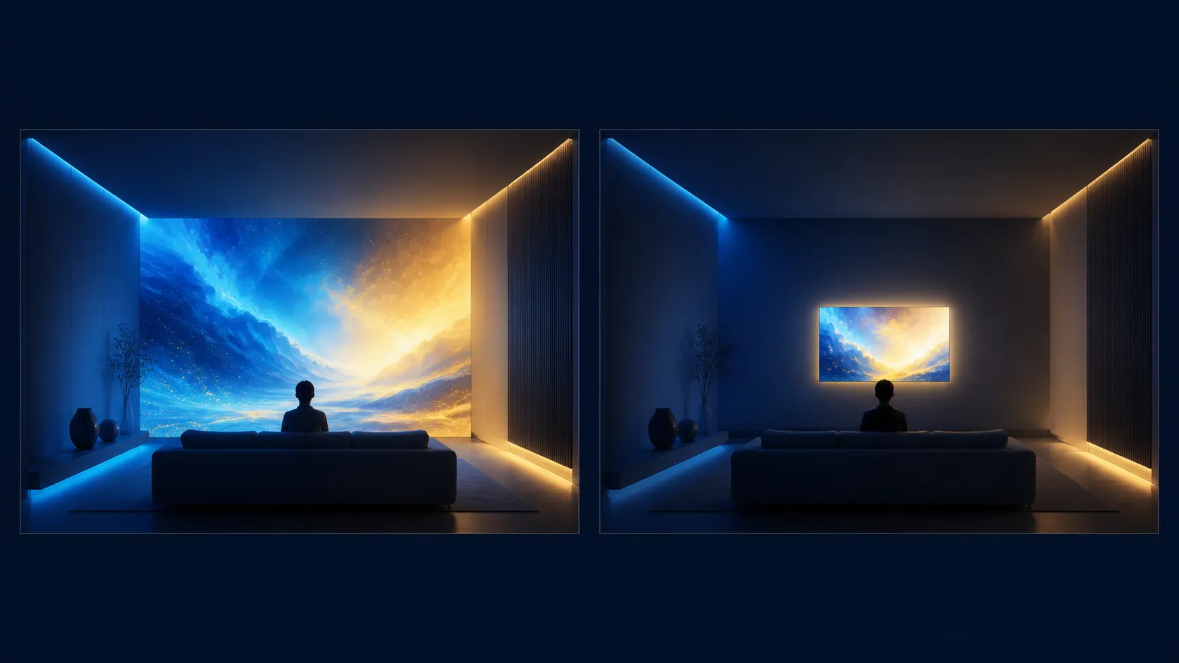 Abstract side-by-side room frames contrasting a broad light plane with a compact bright rectangle