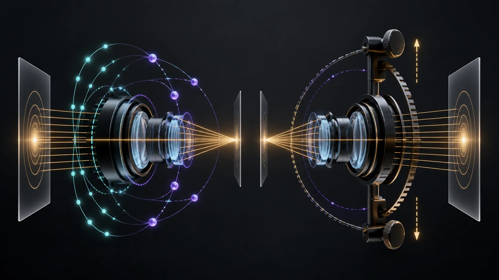 Abstract mirrored optical systems with self-aligning and manually controlled focus paths