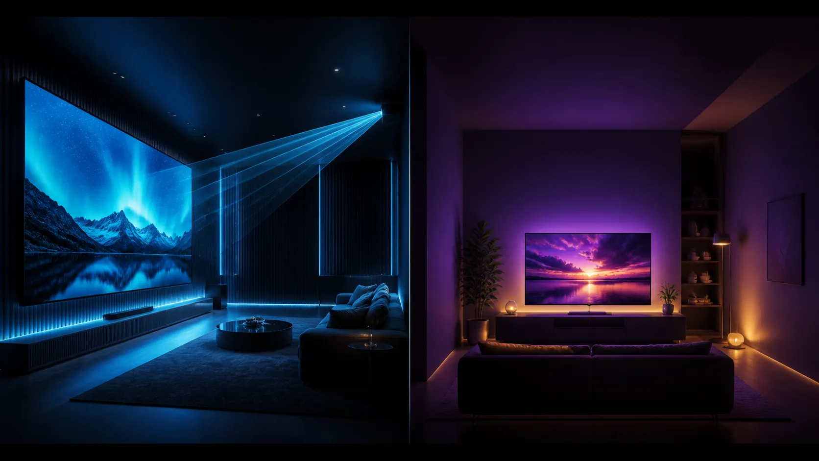 Abstract comparison of an expansive luminous rectangle in a deep room and a compact immediate viewing plane