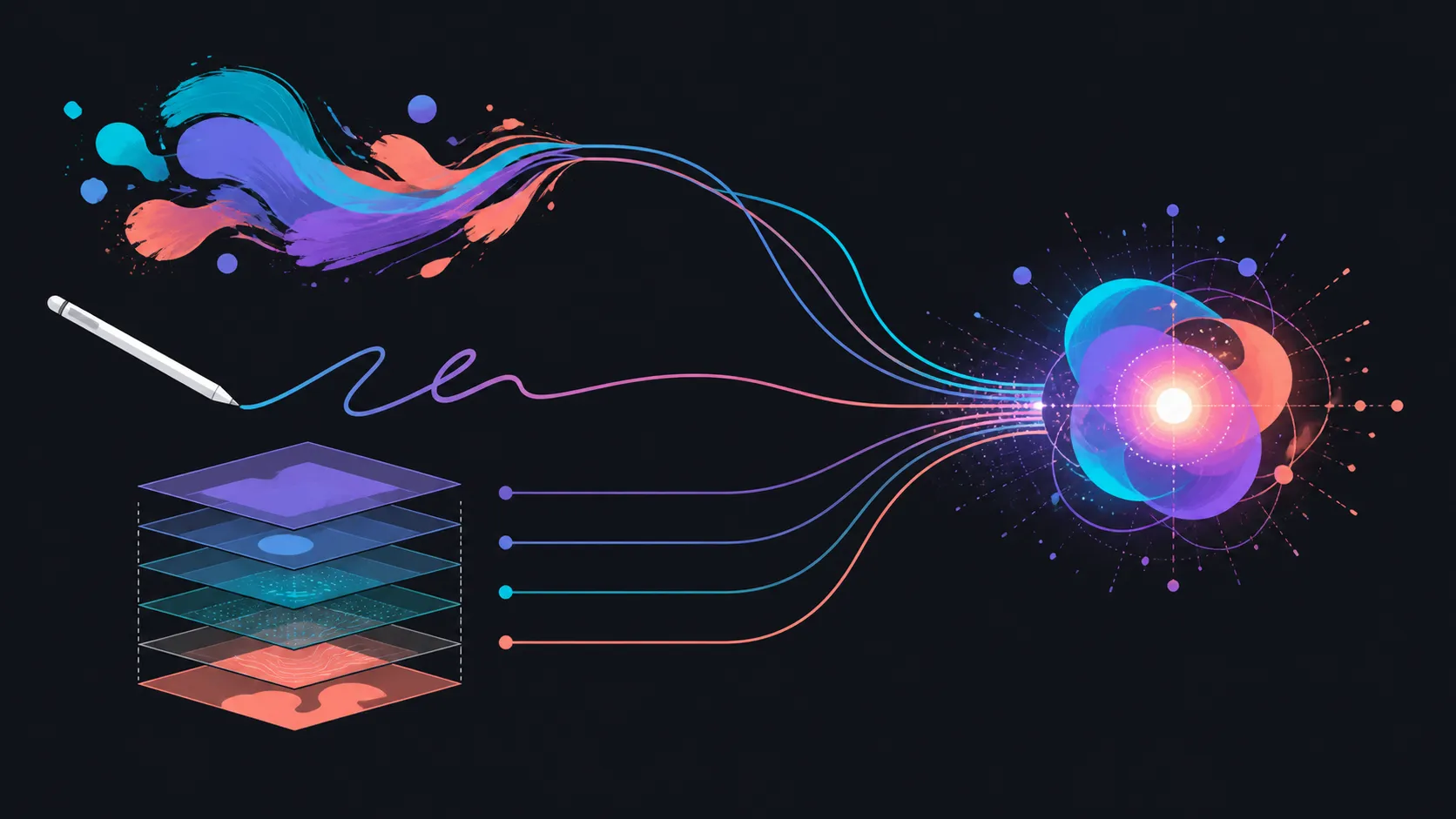 Abstract diagram of colour shapes and gesture paths flowing into a compact creative core