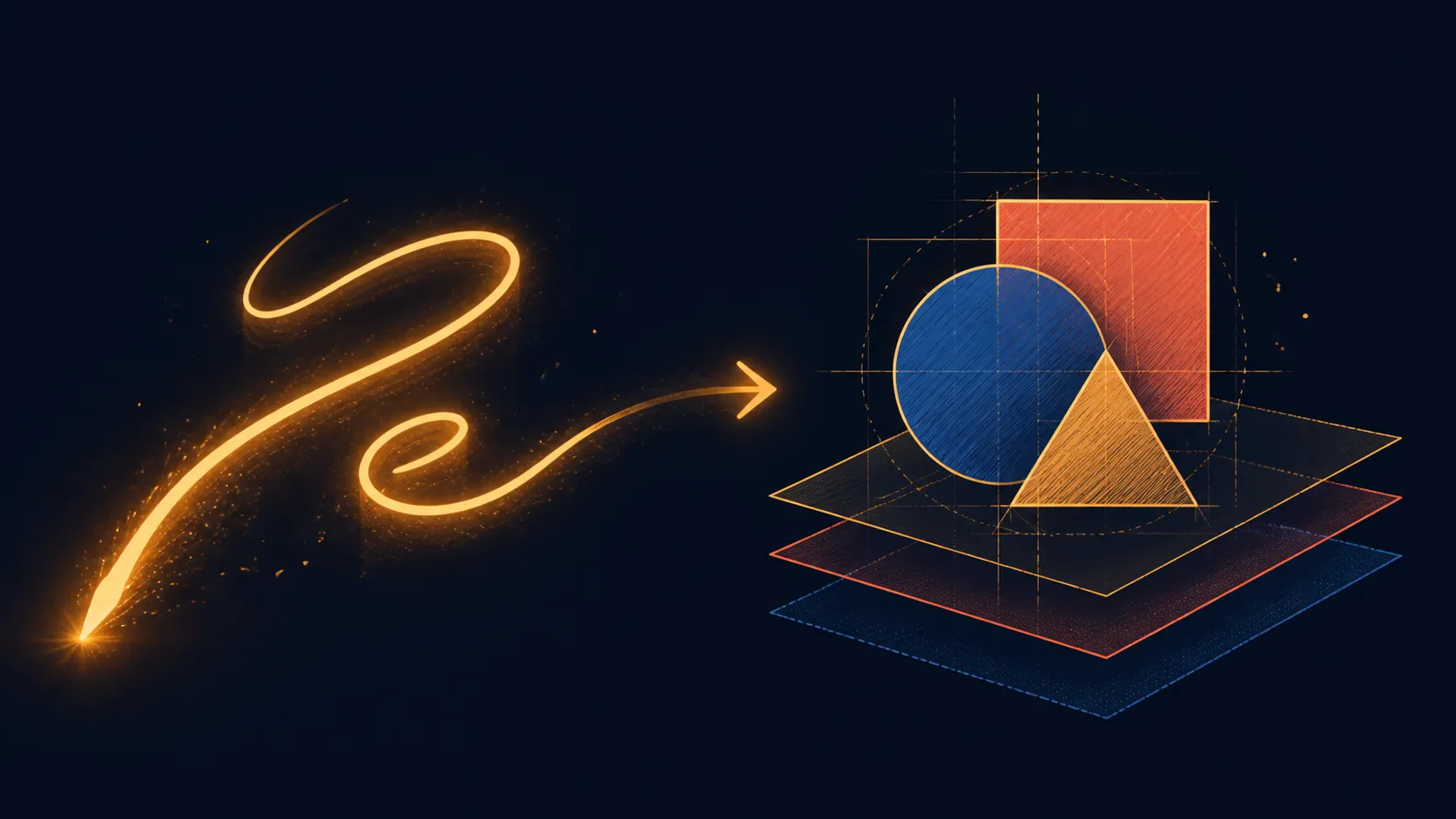 Abstract diagram of a luminous pen gesture resolving into layered sketch shapes