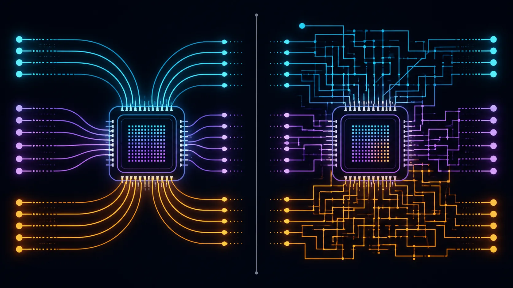 Abstract side-by-side comparison of flowing and dense angular computing paths
