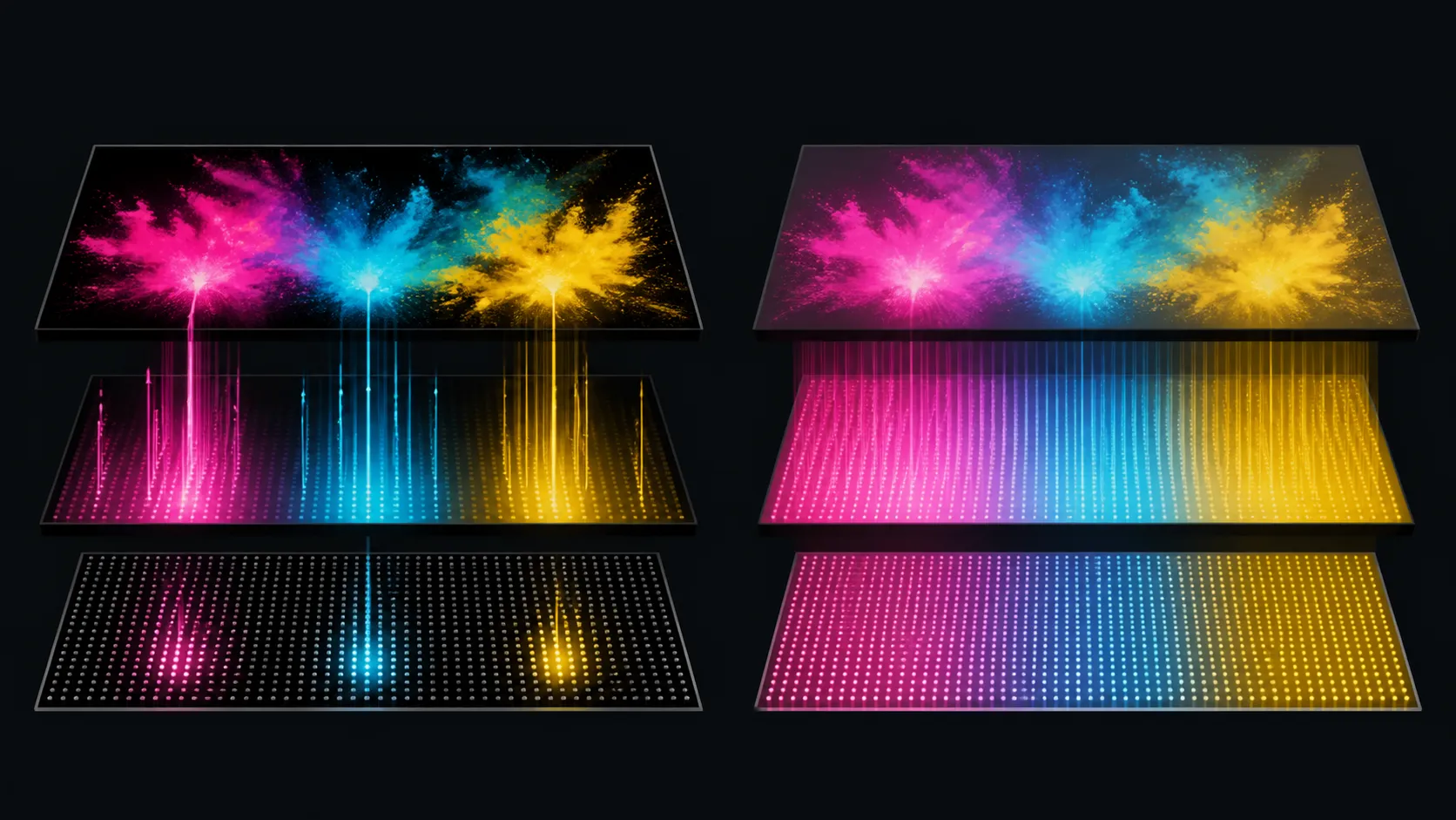 Abstract comparison of vivid dark-field and evenly illuminated display planes