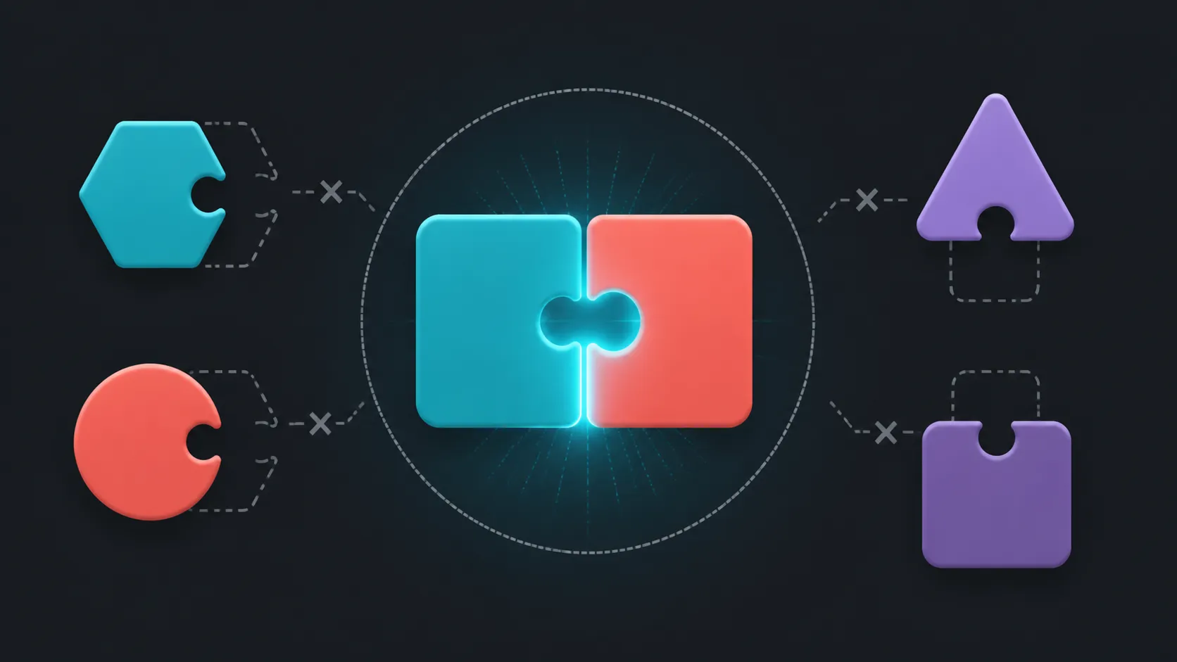 Abstract troubleshooting diagram of aligned and mismatched compatibility puzzle forms