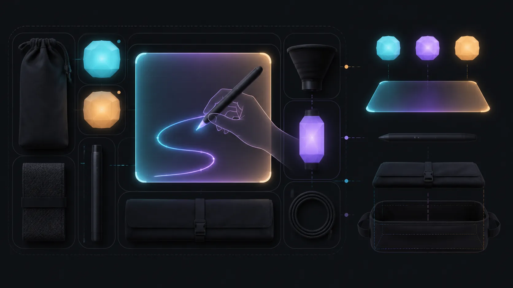 Abstract isometric layout of a compact creative plane, gesture path and modular tools