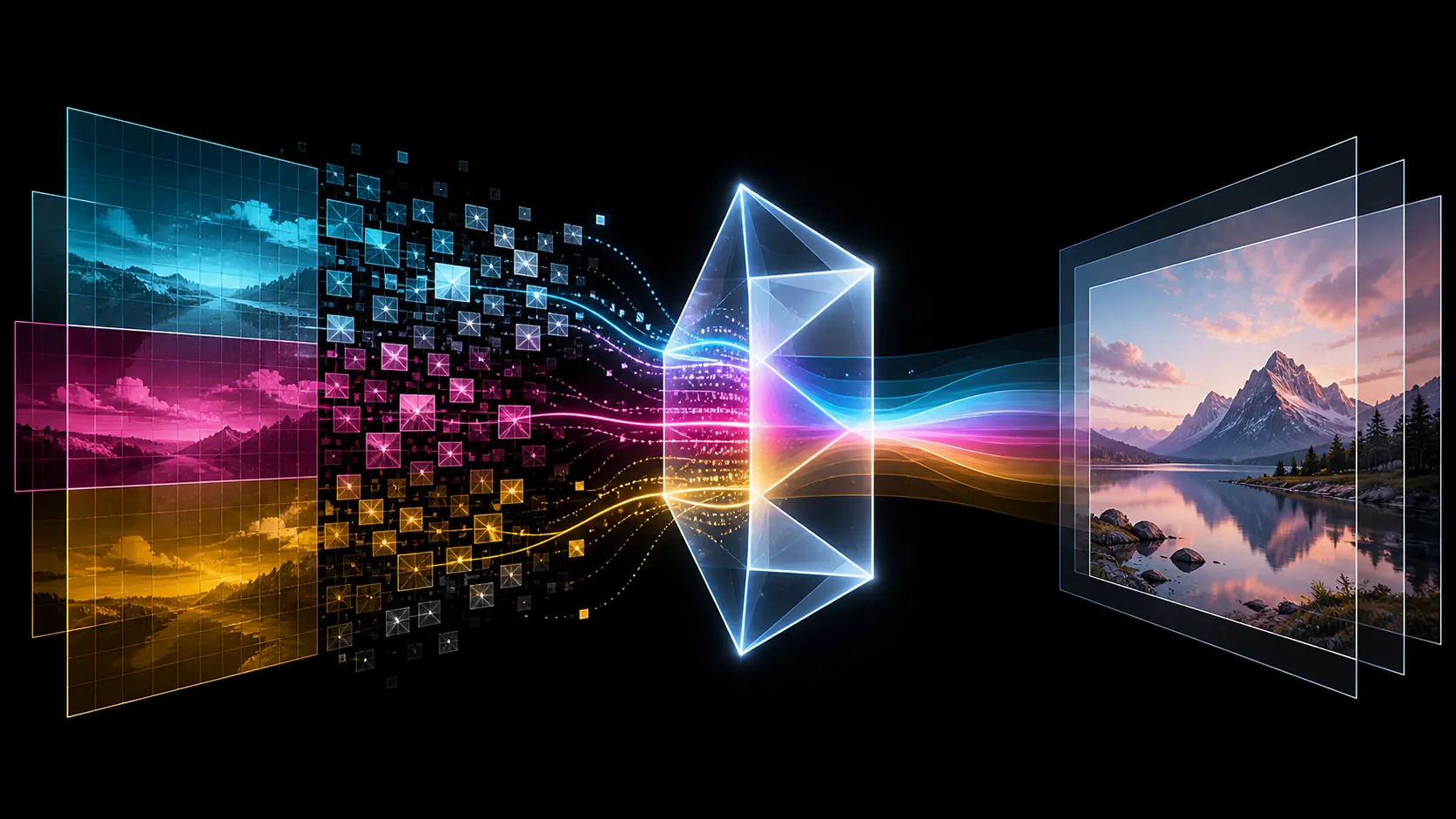 Abstract diagram of layered colour planes flowing through a processing prism