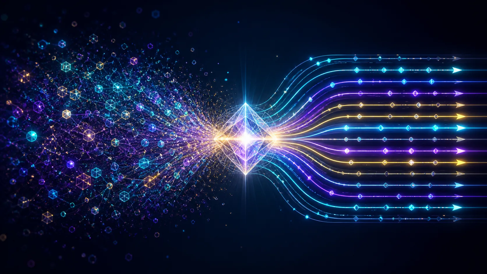 Abstract diagram of a crystalline AI core transforming scattered elements into orderly paths