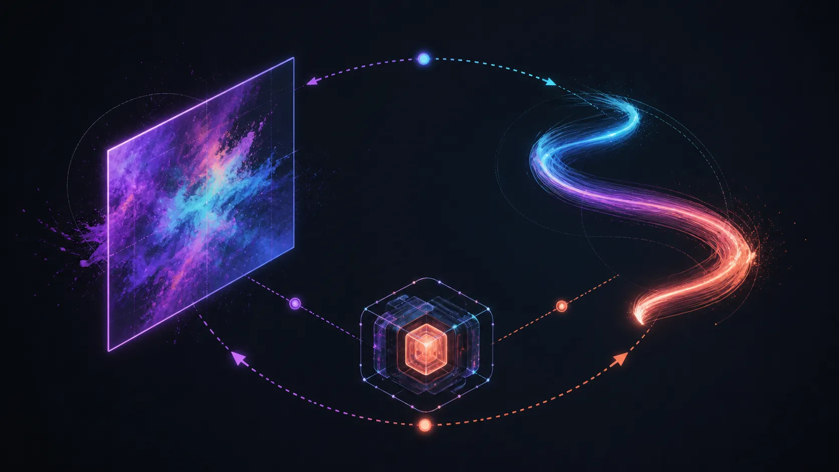 Abstract diagram of a luminous canvas plane, gesture line and processing core in orbit