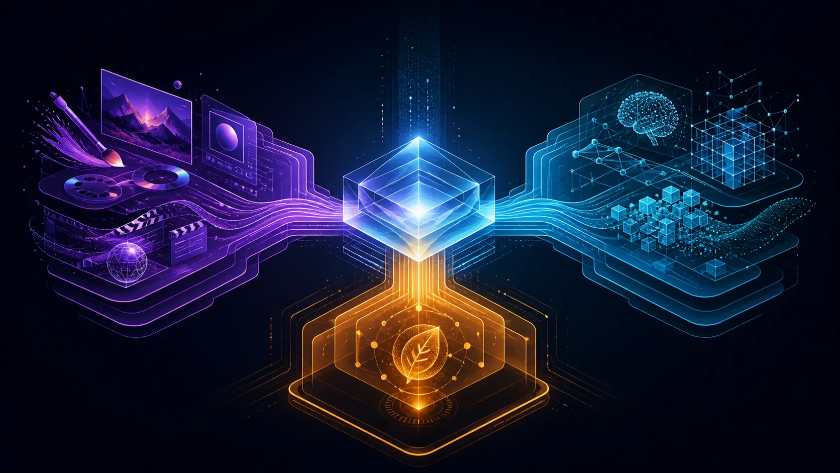 Abstract diagram of a central processor prism connected to creative, AI and energy paths