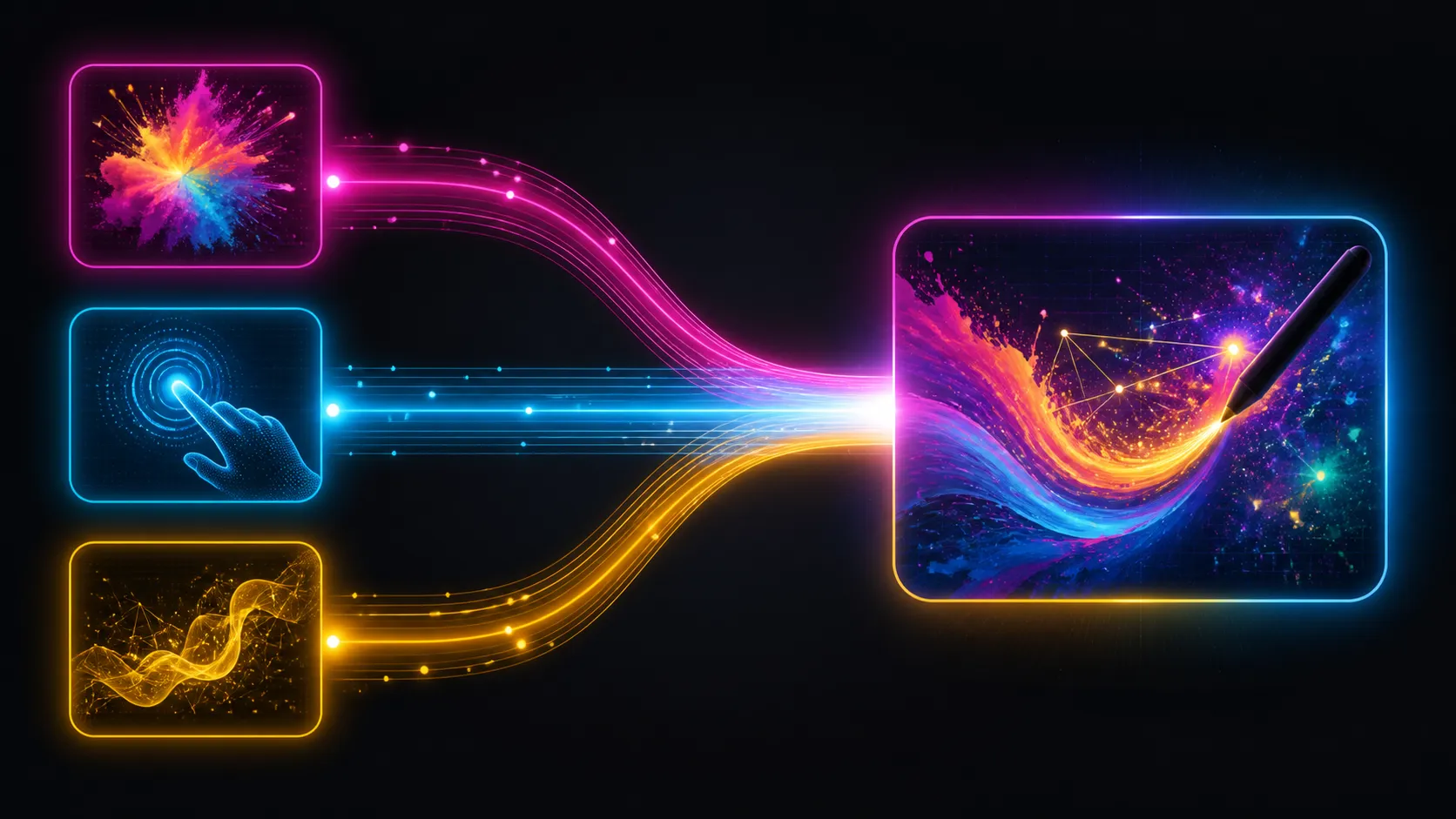 Abstract diagram of three glowing modules joining an integrated creative canvas