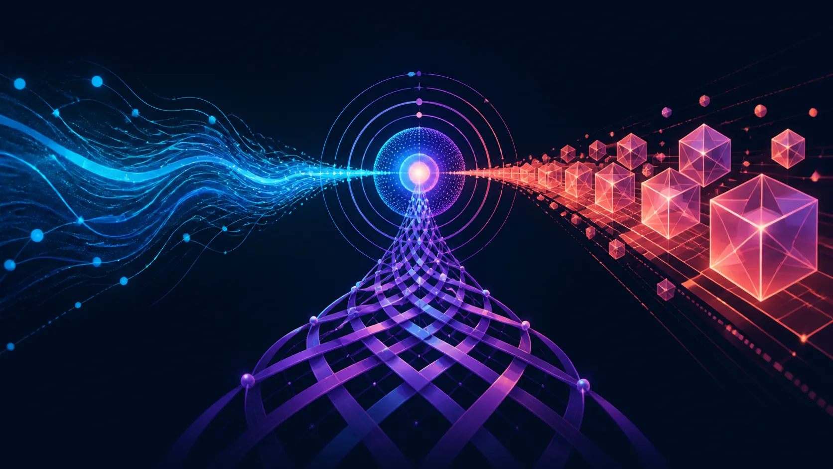 Abstract diagram of wave, memory-ribbon and storage-crystal paths converging at a core