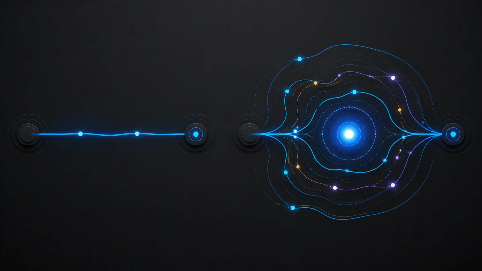 Side-by-side abstract comparison of a simple workflow path and an adaptive layered path