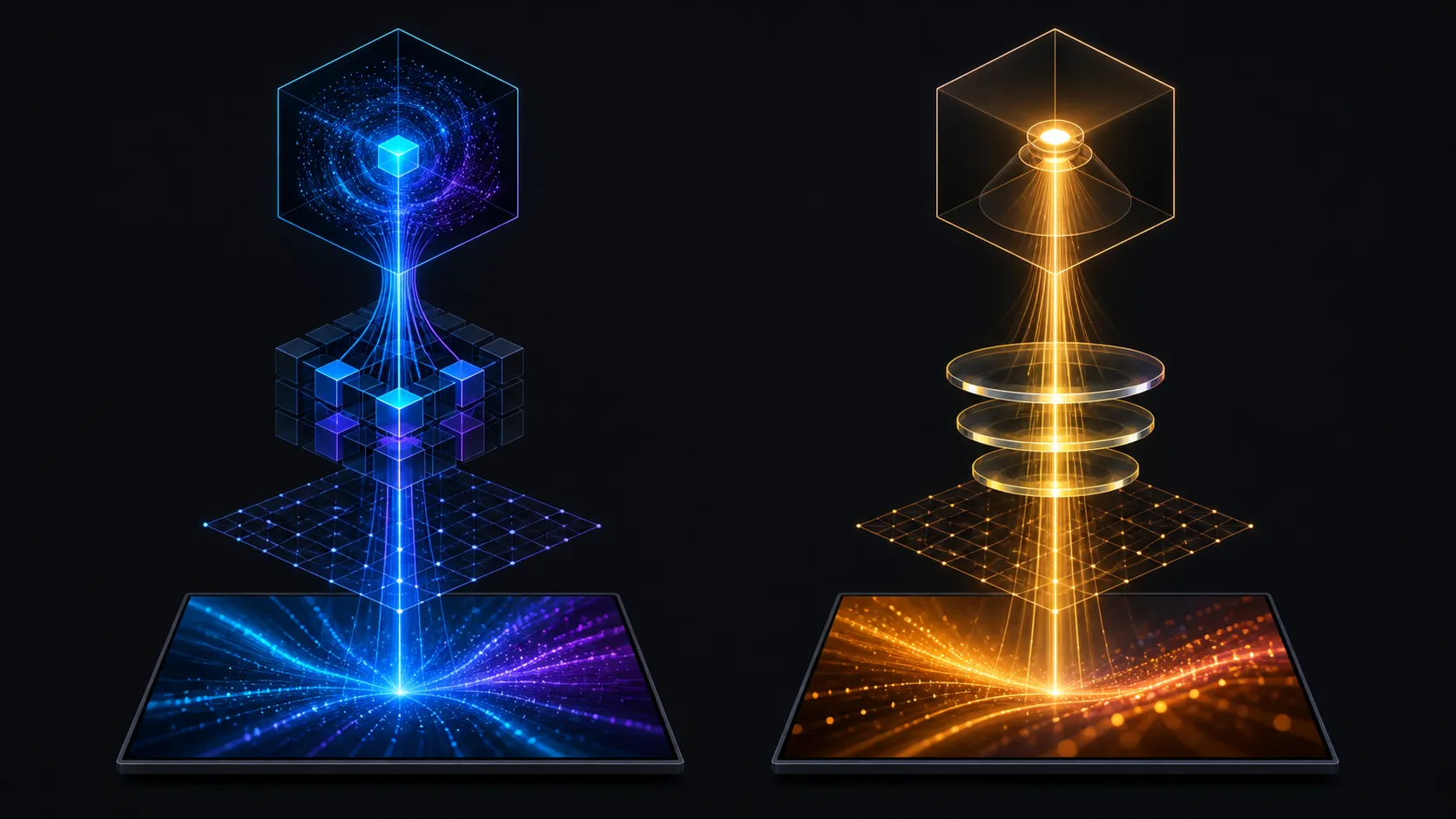 Side-by-side abstract comparison of an integrated visual path and a separate graphics path