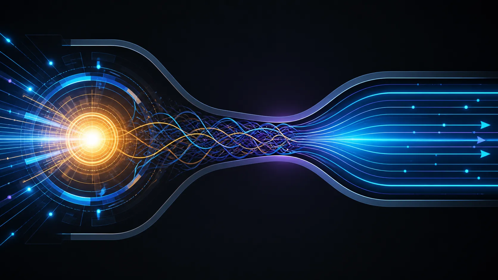 Abstract diagram of a bright processing core blocked by a narrow tangled pathway
