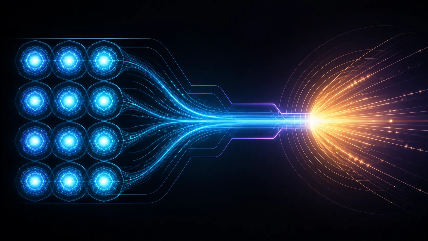 Abstract diagram of luminous energy cells feeding an efficient controlled flow