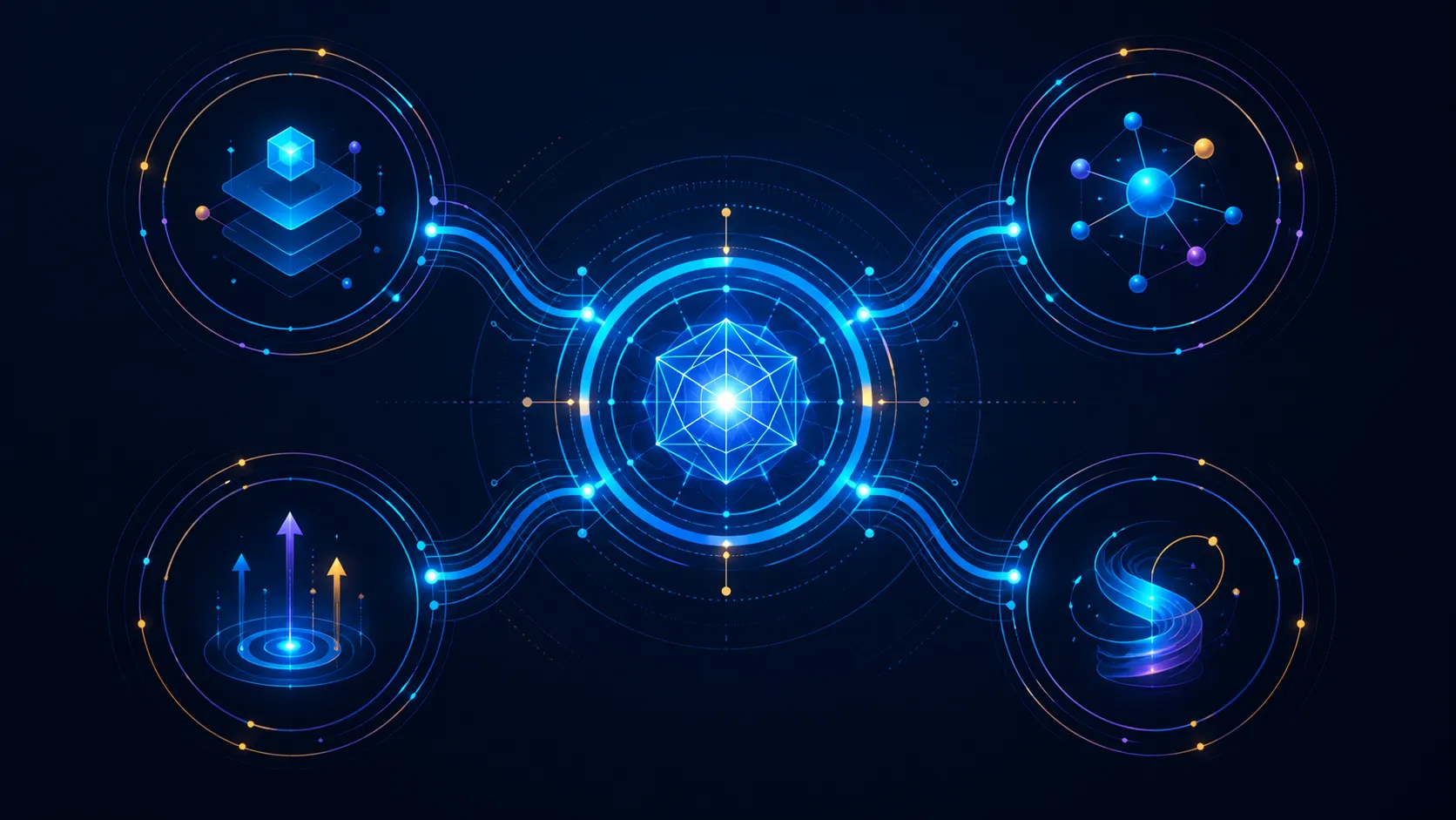 Abstract capability map linking a central intelligence core to work and creative pathways