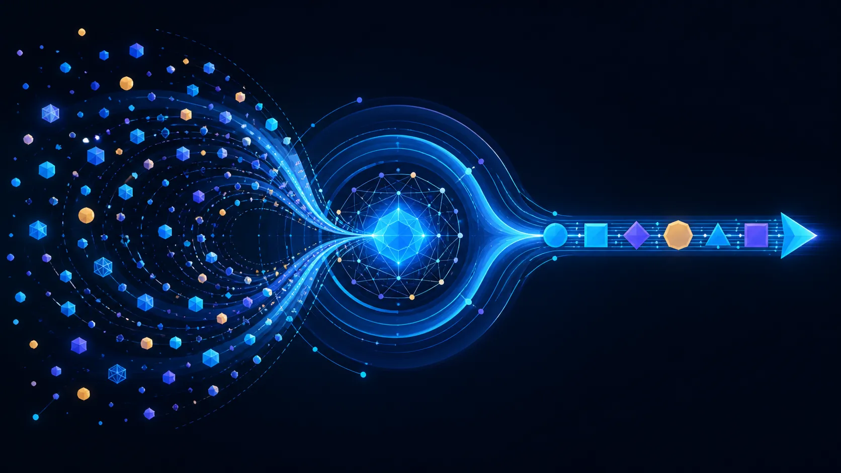 Abstract diagram of task streams converging into an accelerated creative workflow
