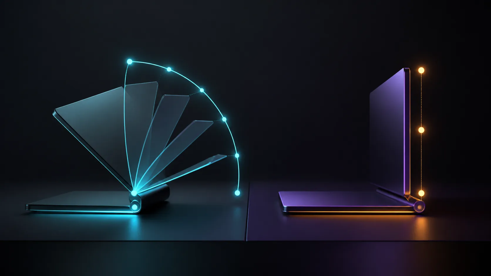 Abstract side-by-side comparison of a pivoting flexible form and a fixed linear form