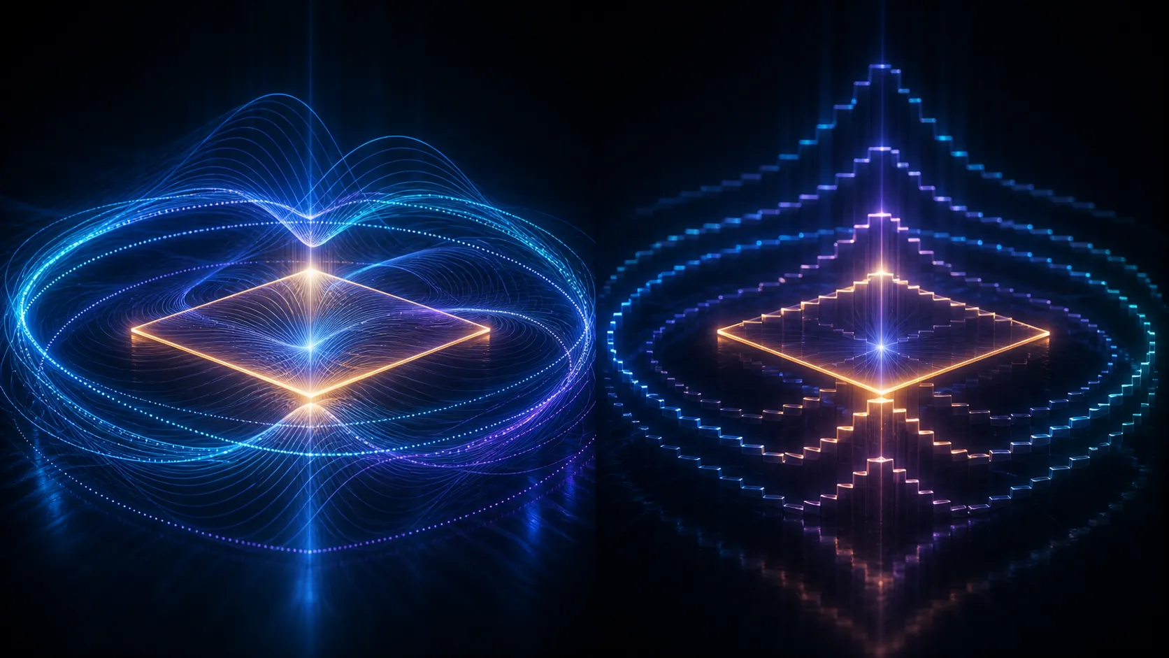 Abstract comparison of dense fluid light trails and sparse stepped light trails around equal display planes