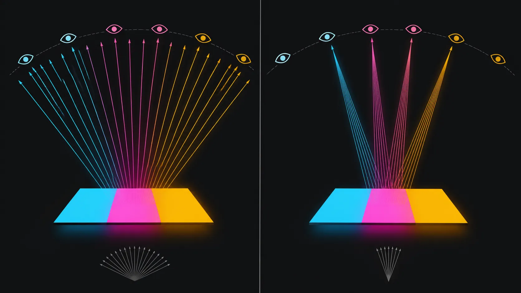 Abstract comparison of broad and narrow display viewing paths