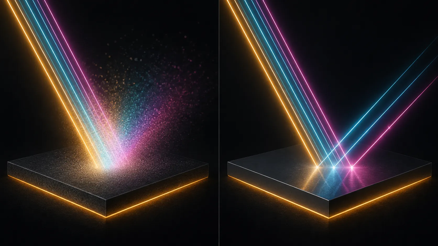 Abstract comparison of diffuse and sharp reflection on matching display planes